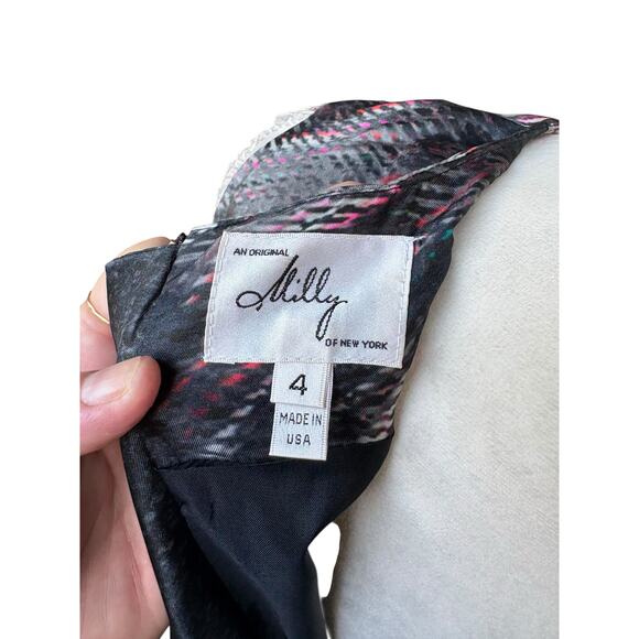 Milly 100% Silk Black Grey Pink Abstract Feather Print Sleeveless Mini Dress - 4 - Picture 9 of 11